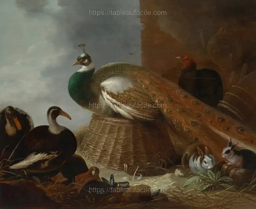 A peacock, a pair of ducks, rabbits and a turkey in a landscape (1641) apercu
