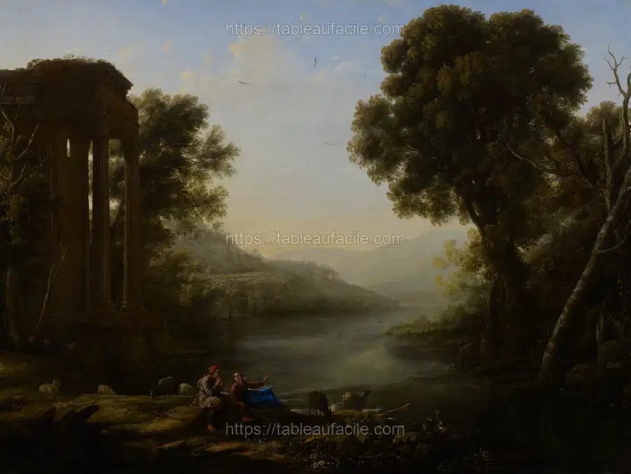 two goat herders seated on the left bank of a river amidst their flock apercu
