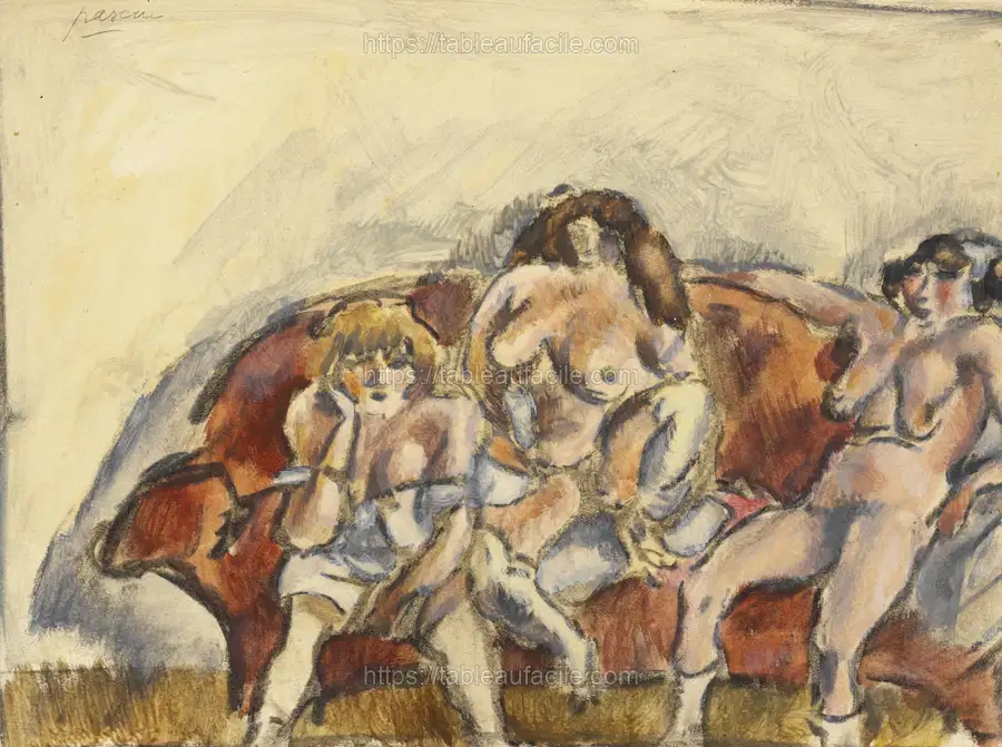 Three Women on a Red Sofa by Jules Pascin apercu