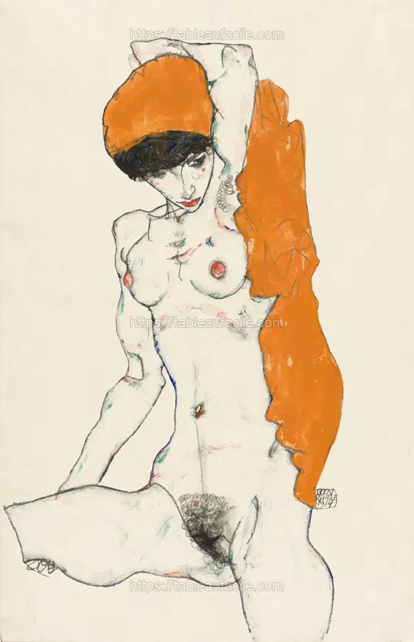 Vulgar naked woman. Standing Nude with Orange Drapery (1914) by Egon Schiele apercu