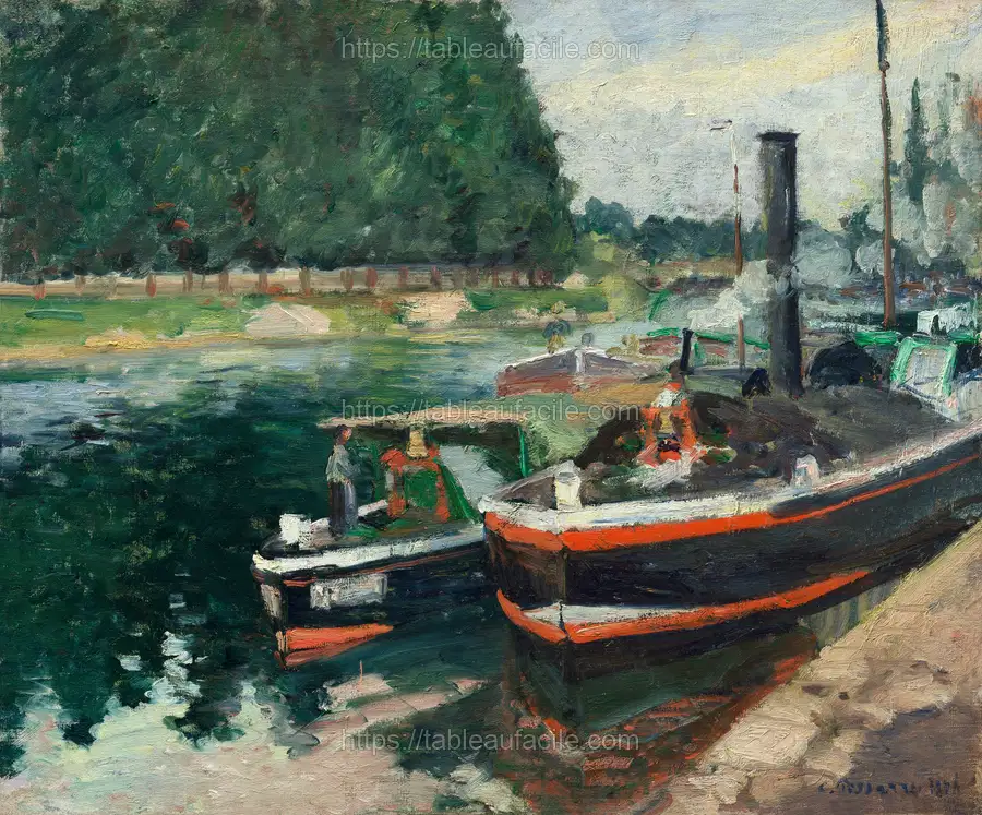 Barges at Pontoise (1876) vintage painting by Camille Pissarro. apercu