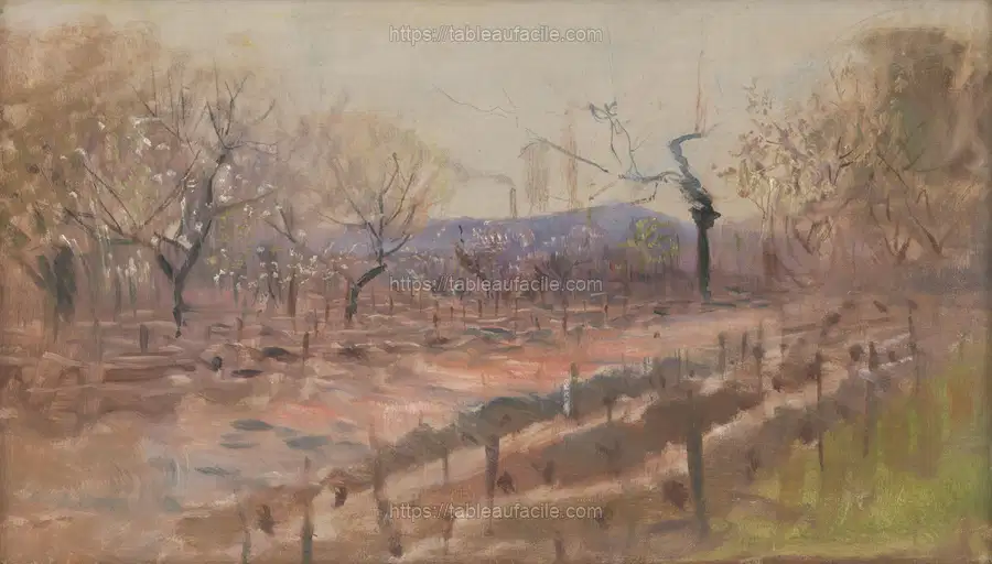Spring landscape (spring in the orchard) by László Mednyánszky apercu