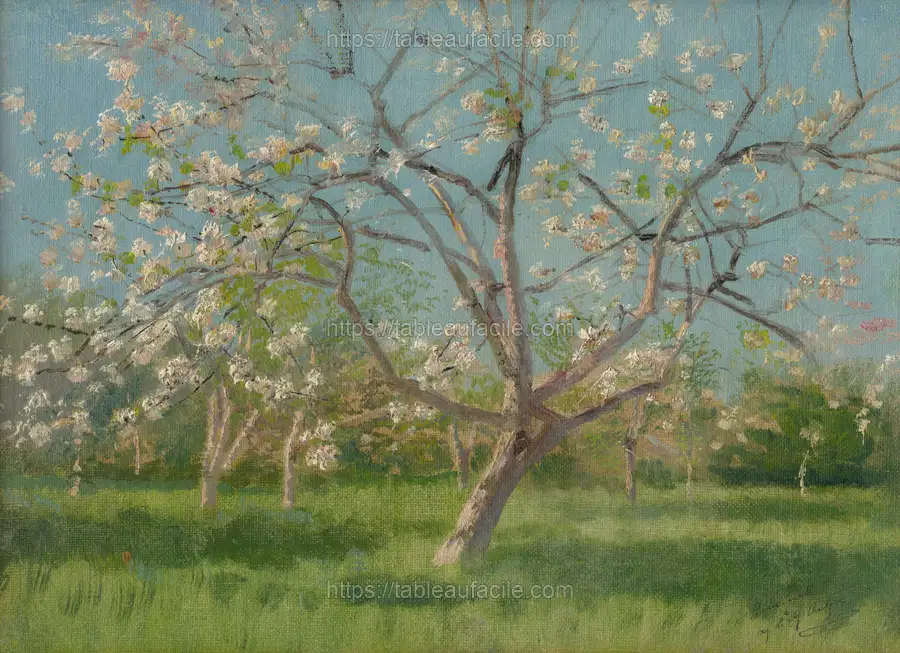 Study of blooming trees in an orchard by László Mednyánszky apercu