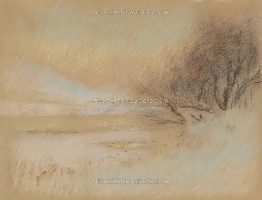 Winter landscape with river by László Mednyánszky apercu