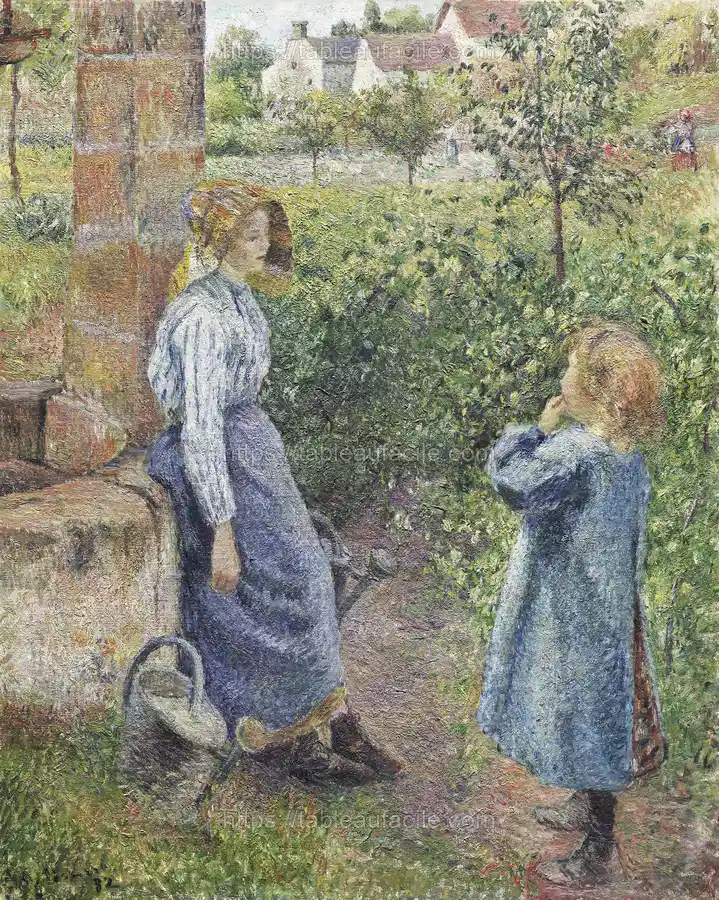 Woman and Child at the Well (1882) by Camille Pissarro apercu