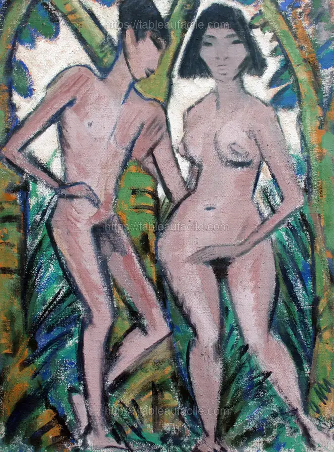 Adam and Eve (1913-1922) modern art painting by Otto Mueller. apercu