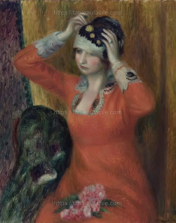 Girl in Red Dress Pinning on Hat by William James Glackens apercu