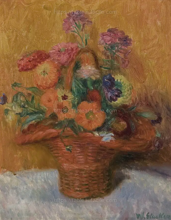 Red Basket of Zinnias by William James Glackens apercu