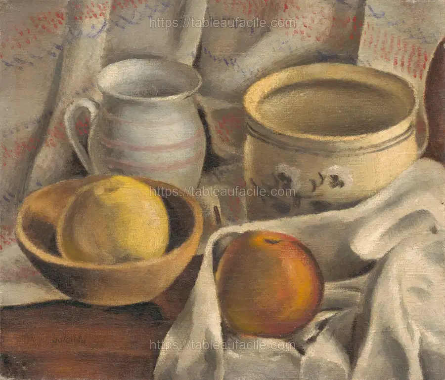 Still life with ceramic pots and apples by Mikuláš Galanda apercu