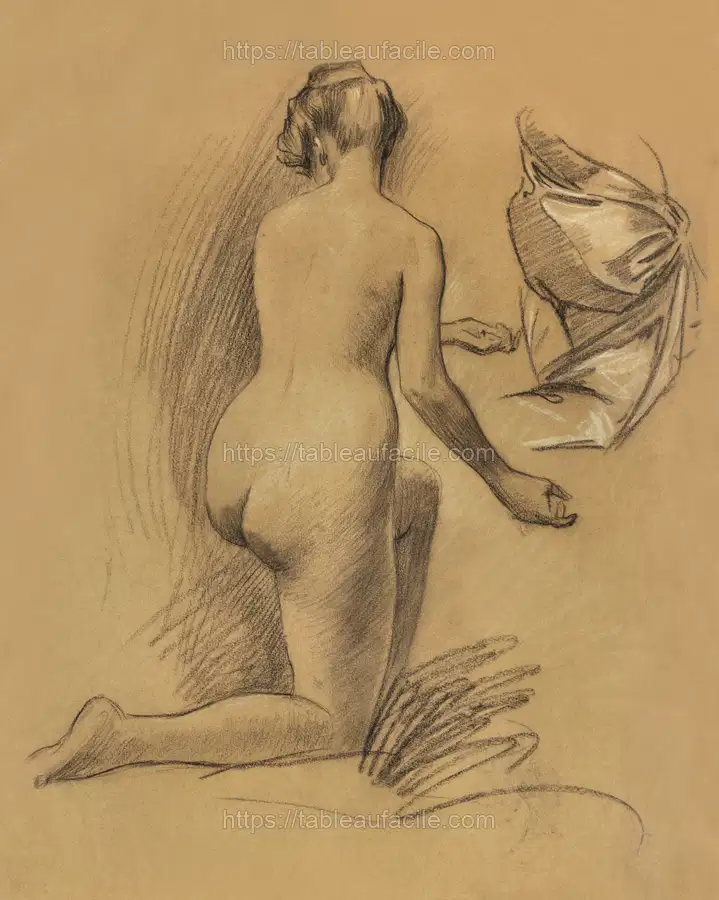 Woman showing her nude bum. Study of Kneeling Nude Figure (1900) by Louis Schaettle apercu