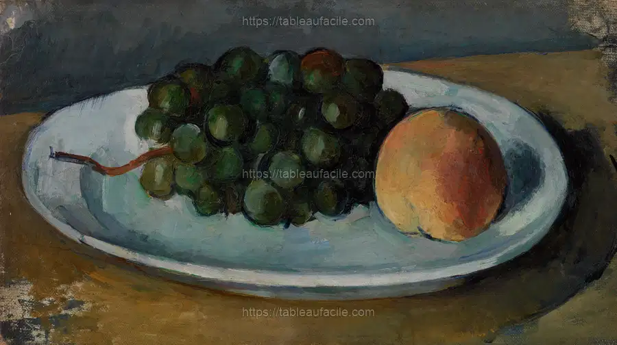 Grapes and Peach on a Plate (Grappe de raisin et pêche sur une assiette) by Paul Cézanne apercu