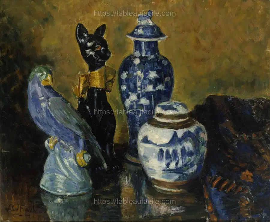 Still life with blue figurines, by Alfred William Finch apercu