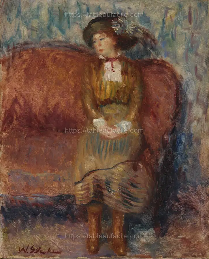 Woman Seated on Red Sofa by William James Glackens apercu