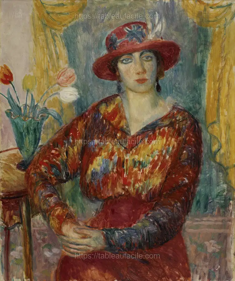 Woman in Red Blouse with Tulips by William James Glackens apercu
