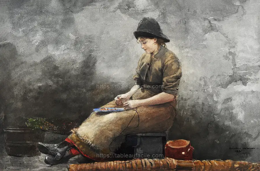 A Fishergirl Baiting Lines (1881) by Winslow Homer apercu
