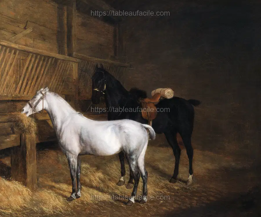 A Grey Pony and a Black Charger in a Stable (1804) by Jacques–Laurent Agasse apercu