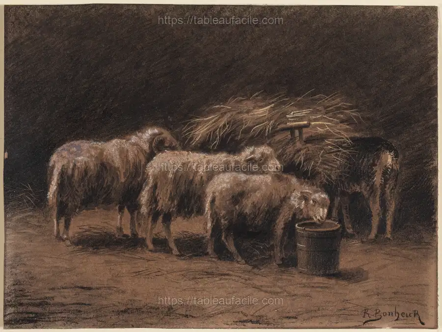 A couple of sheep and a ram in a stable by Rosa Bonheur apercu
