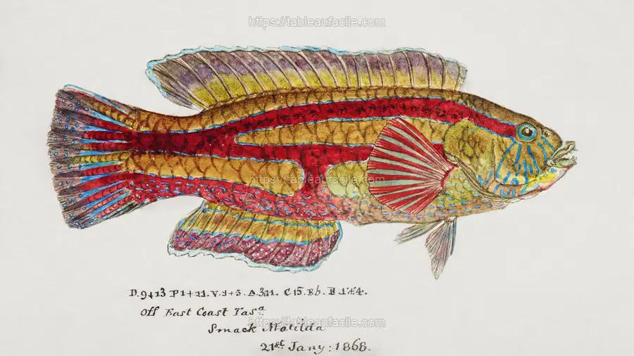 Antique fish pictilabrus laticlavius wrasse drawn by Fe. Clarke apercu