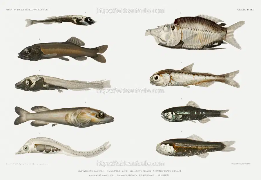 Fish varieties set illustration from Résultats des Campagnes Scientifiques by Albert I apercu
