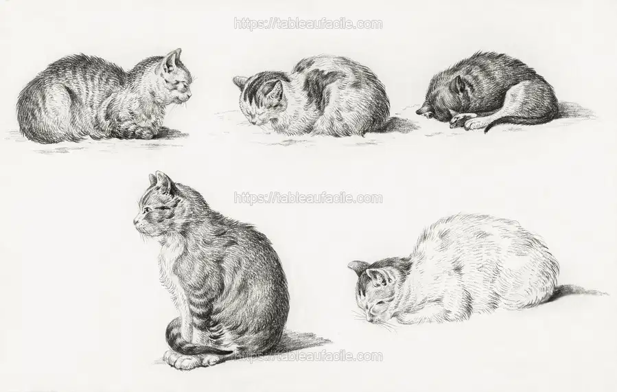 Five studies of Cats (1812) by Jean Bernard apercu