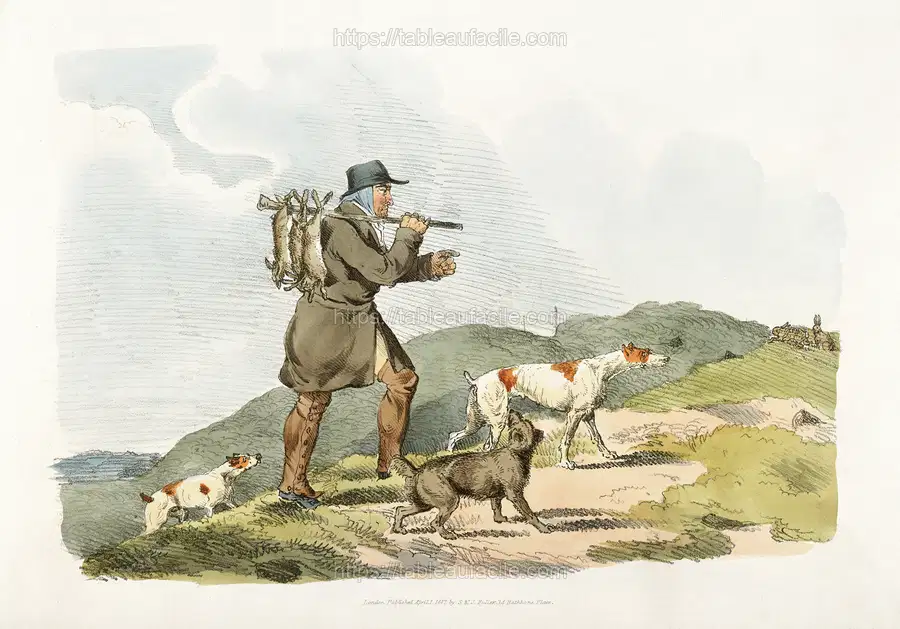 Illustration of a hunter with rabbits from Sporting Sketches (1817-1818) by Henry Alken apercu
