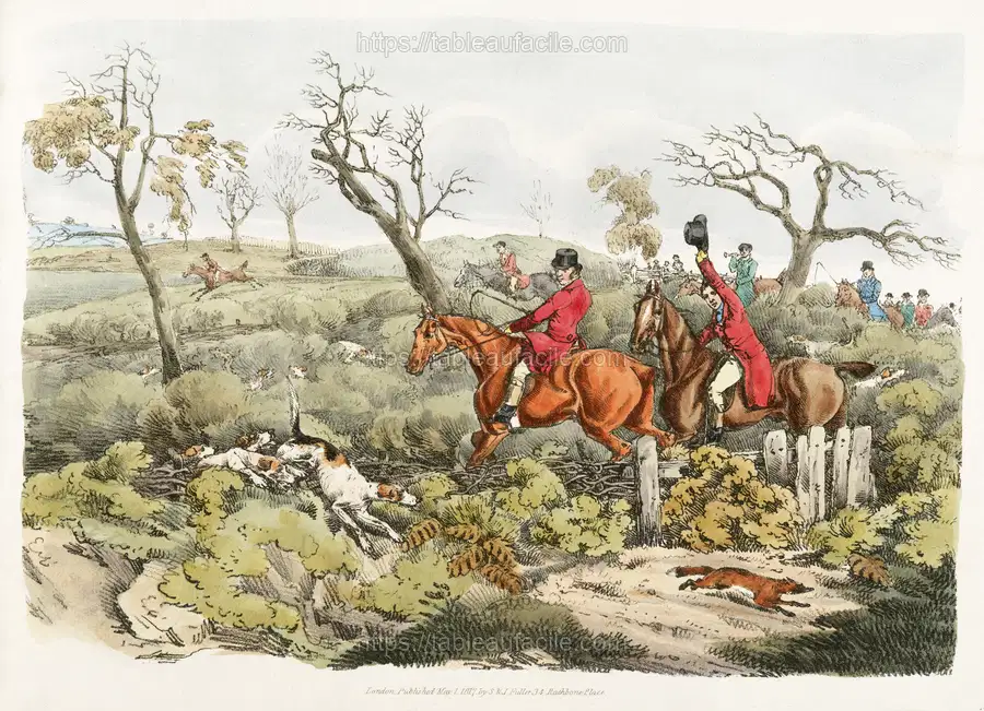 Illustration of fox hunting from Sporting Sketches (1817-1818) by Henry Alken apercu