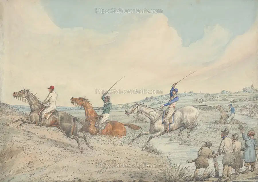Steeplechasing Three Riders Taking a Brook, Spectators on Right apercu